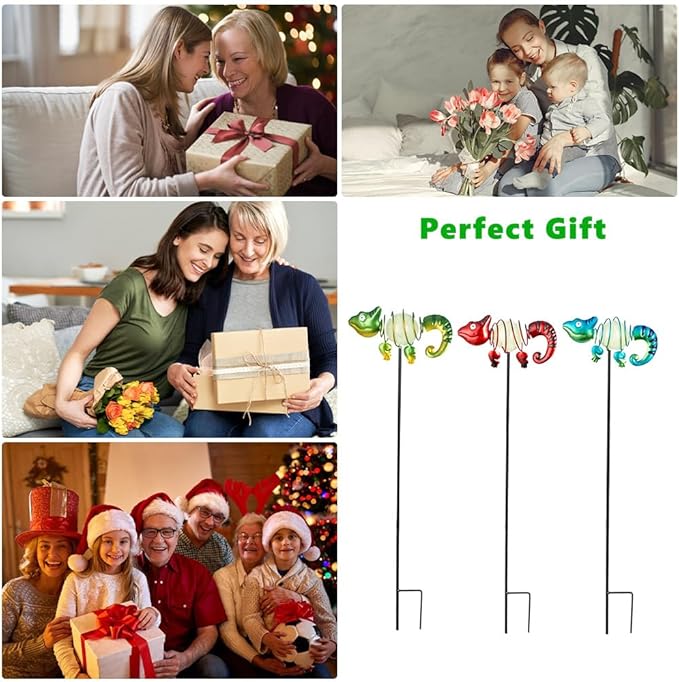 3 Pack Garden Stakes Decorative,Cute Chameleons Glow in The Dark Metal Garden Decor,Waterproof Metal Yard Art Decor for Outside,Funny Present for Mom Women Grandma-CasaMuseHome