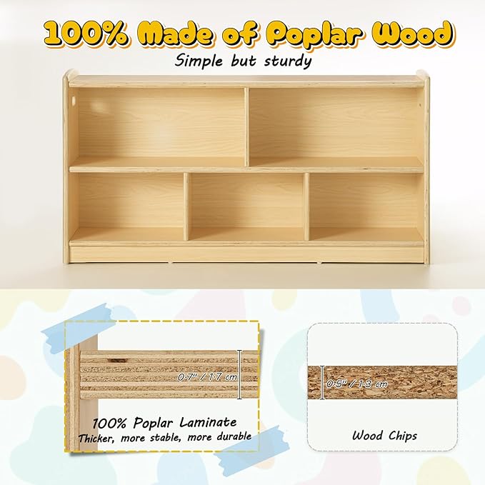 2-Tier Wood Montessori Cabinet for Kids, Toddler Room Book Shelves Toy Organizers and Storage, Small Book Shelf Storage for Baby Children, Furniture of Classroom, Nursery, Playroom-CasaMuseHome