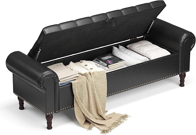 60" Storage Ottoman Bench for Bedroom, Full Queen Storage Bench with Button, Upholstered Bedroom Bench with Rolled Arms for Living Room, Storage Room, Entryway, Black-CasaMuseHome
