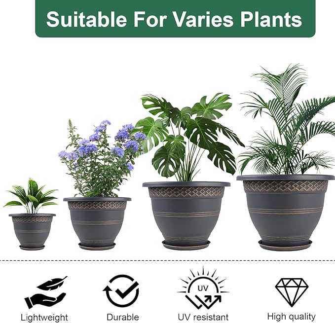 4 Pack 16 Inch Large Plant Pots, Plastic Flower Pot for Indoor & Outdoor with Drainage Holes & Saucer, Plaid Pattern Planters Garden Pots for Herbs Gold-CasaMuseHome