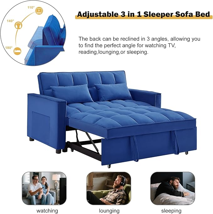 3 in 1 Sleeper Sofa Bed, Futon Sofa Bed for Living Room with Side Pocket, Blue Sleepers Sofas Couch with Pullout Beds, Convertible Love Seat Sleepers couch for Living Room, Bedroom, Small Space-CasaMuseHome