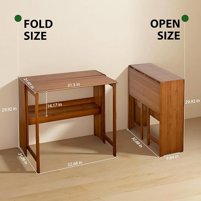 31.5" Bamboo Folding Desk,Space-Saving Computer Desk for Small Spaces, Foldable Study Table for Bedroom, Home Office, Dorm, Apartment(Brown-CasaMuseHome