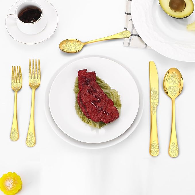 20 Pcs Gold Silverware Set for 4 with Classical Flower Embossed Design, Food Grade Stainless Steel Flatware Set, Eating Utensils Sets Include Fork/Knife/Spoon, Cutlery Set, Dishwasher Safe-CasaMuseHome