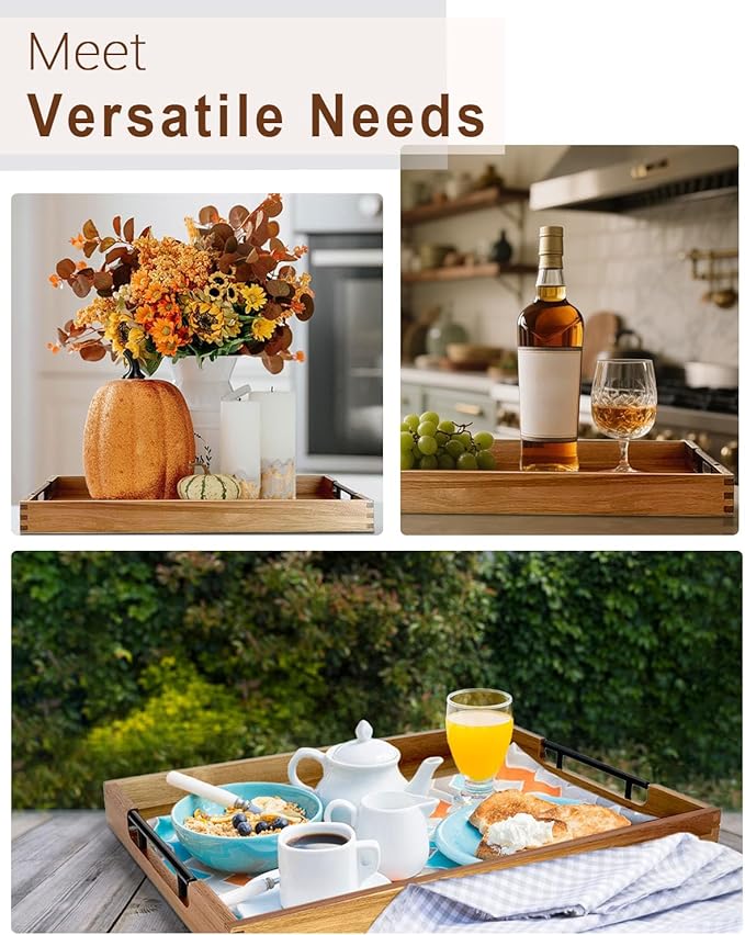 22 Inches Acacia Wood Serving Tray with Metal Handles, Large Wooden Rectangle Ottoman Tray, Decorative and Durable Design for Living Room Coffee Table Couch Kitchen-CasaMuseHome