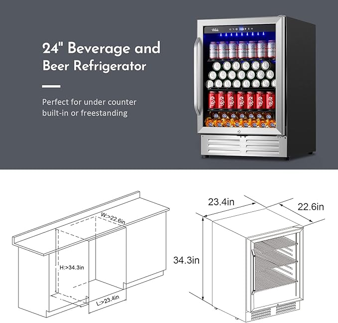 24 Inch Beverage Refrigerator Cooler,210 Cans Wide Beverage and Beer Fridge with Glass Door and Powerful Cooling Compressor, Built-in/Freestanding Drink Fridge for Kitchen, Bar or Office-CasaMuseHome