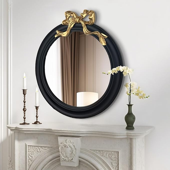 25x25 inch Bow Antique Round Mirror for Wall, Gold & Black Decorative Wall-Mounted Circle Mirror, Perfect for Bedroom, Hallway, Living Room Décor, and Bathroom Vanity-CasaMuseHome