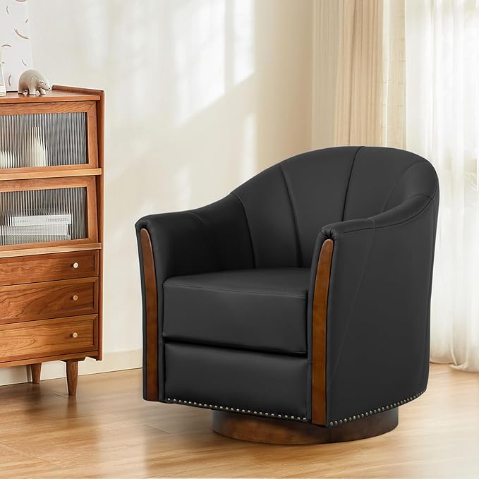 360° Swivel Accent Chair, Modern Leather Barrel Club Chair with PU Leather Upholstery and Sturdy Wood Base, Comfortable Armchair for Living Room, Bedroom, Reading Nook, Black-CasaMuseHome