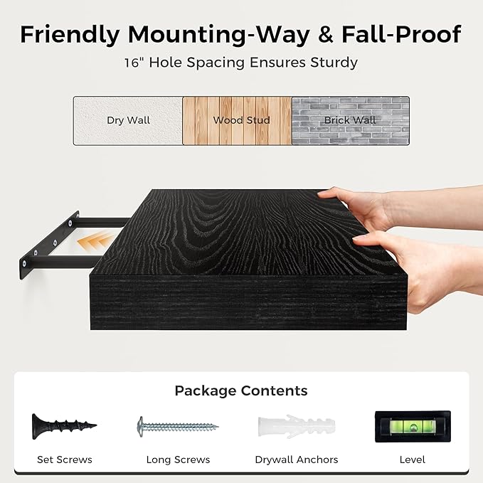 12 Inch Deep Black Floating Shelves, 16 x 12 Floating Shelf for Books, Rustic Wood Deep Wall Shelves for Home Storage & Display, 2" Thicked Shelves for Kitchen, Living Room, Bedroom, 2 Pack-CasaMuseHome