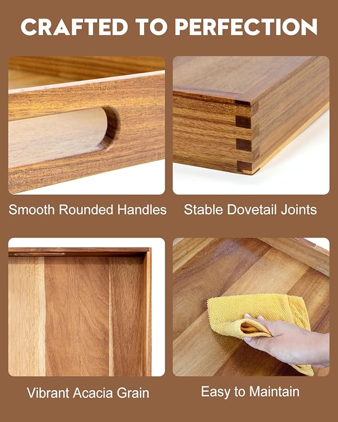 20 Inches Square Acacia Wood Ottoman Tray, Extra Large Wooden Serving Tray with Handles for Living Room, Serving Food Breakfast, Ottoman Coffee Table Couch Sofa Kitchen-CasaMuseHome