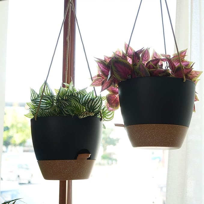 8 inch Hanging Planters, 2 Pack Self Watering Hanging Pots with 20oZ Deep Reservoir for Indoor Outdoor Plants Flowers, Black with Brown-CasaMuseHome