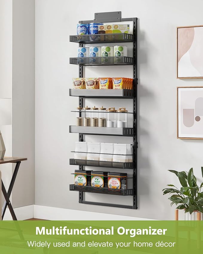 6-Tier Over the Door Pantry Organizer, 2 in 1 Large Door Spice Rack with Adjustable Metal Baskets, Heavy Duty Hanging or Wall Mounted Storage Organizer for Kitchen Pantry and Room Wall-CasaMuseHome
