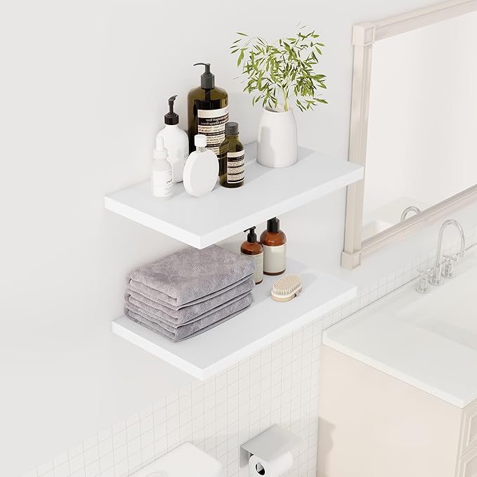 24" Floating Shelves for Wall, 12" Deep Slim White Floating Shelves, Wall-Mounted Shelves for Bedroom, Living Room, Kitchen, Bathroom - Set of 2-CasaMuseHome