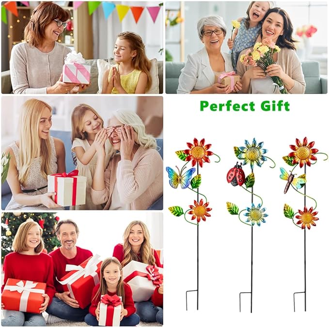 3 Pcs Sunflower&Butterly&Ladybug&Dragonfly Decorative Garden Stakes,23.5 in Metal Sunflower Yard Art for Outside Decor,Spring Outdoor Decor for Mom,Women,Grandma-CasaMuseHome