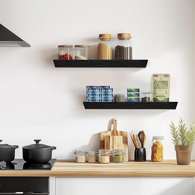 24"x6.8"x1.6" Slanted Floating Wall Shelves 2-Pack - Rustic Black Finish, Heavy-Duty Solid Wood Design with Hidden Brackets - Perfect for Living Room, Kitchen, Bathroom, or Office-CasaMuseHome