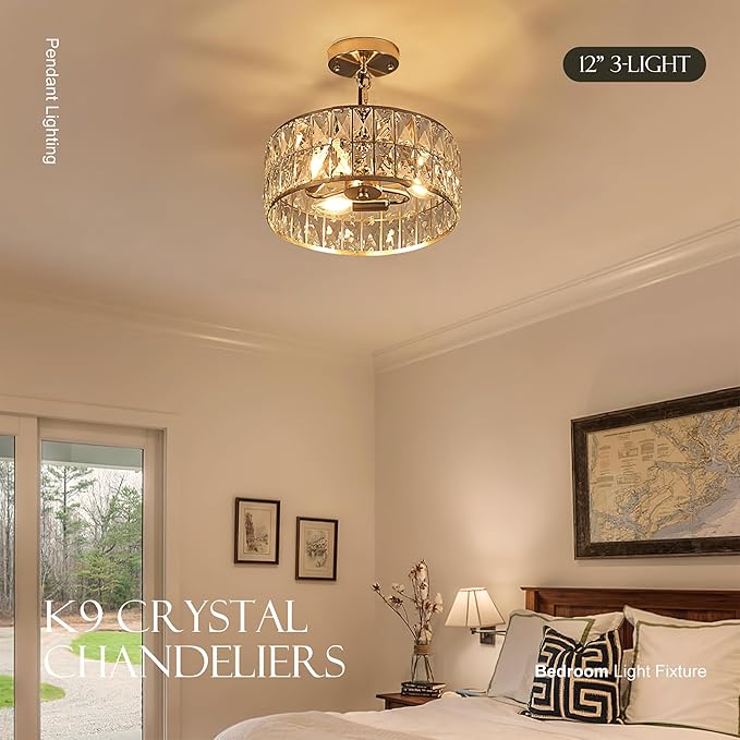 12” 3-Light Modern Crystal Chandeliers Nickel Dinning Room Light Fixture, Round Pendant Light Kitchen Island Chandelier, Flush Mount Ceiling Light for Living Room Entryway Bedroom Foyer-CasaMuseHome