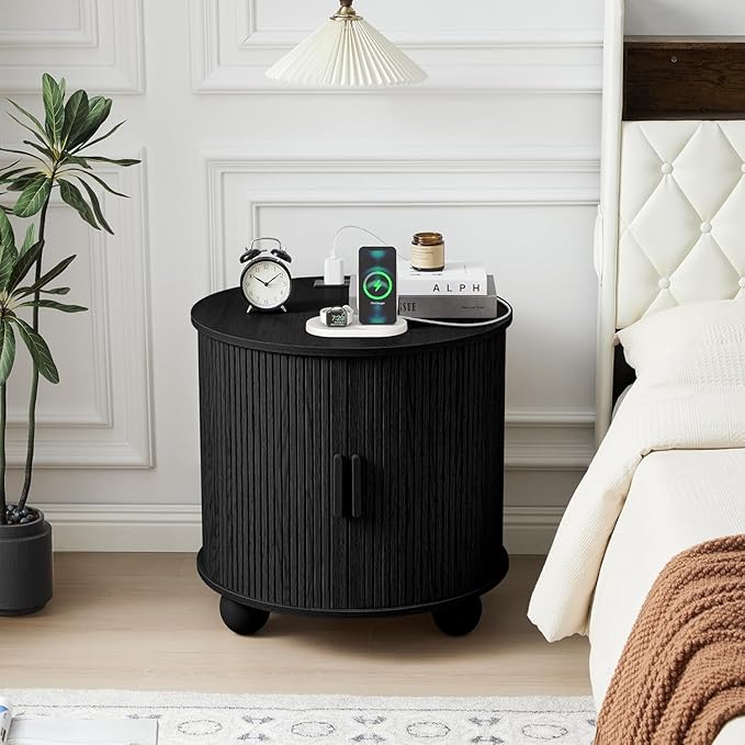 24" Large Fluted Round End Table with Charging Station, Farmhouse Cricle Sofa Side Table with Sliding Door and Storage, Rustic Curved Wood Nightstand for Living Room, Bedroom,Black-CasaMuseHome