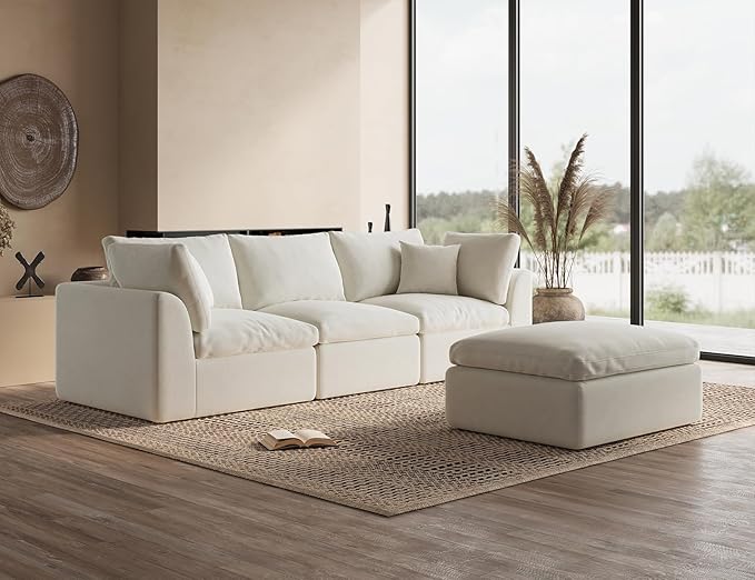 110" Cloud Sectional Couches for Living Room, Convertible L-Shape Couch with Ottoman, 3 Seater Modular Sectional Sofa, Warm White-CasaMuseHome