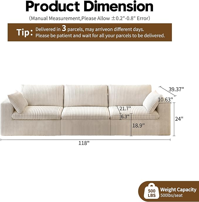 118" 3-Seater Cloud Sofa,Modular Sectional Couch,Modern Deep Seat Upholstered Couches with Plush Corduroy Fabric for Living Room Furniture,Bedroom and Apartment,No Assembly Required,White-CasaMuseHome
