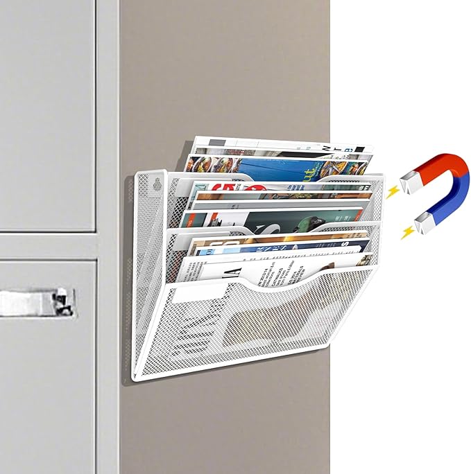 3-Tier Magnetic File Holder, No Drilling Installation File Cabinet Organizer, White Magnetic File Organizer, Magazine Rack, Magnetic Paper Holder for Refrigerator, File Cabinets,White-CasaMuseHome