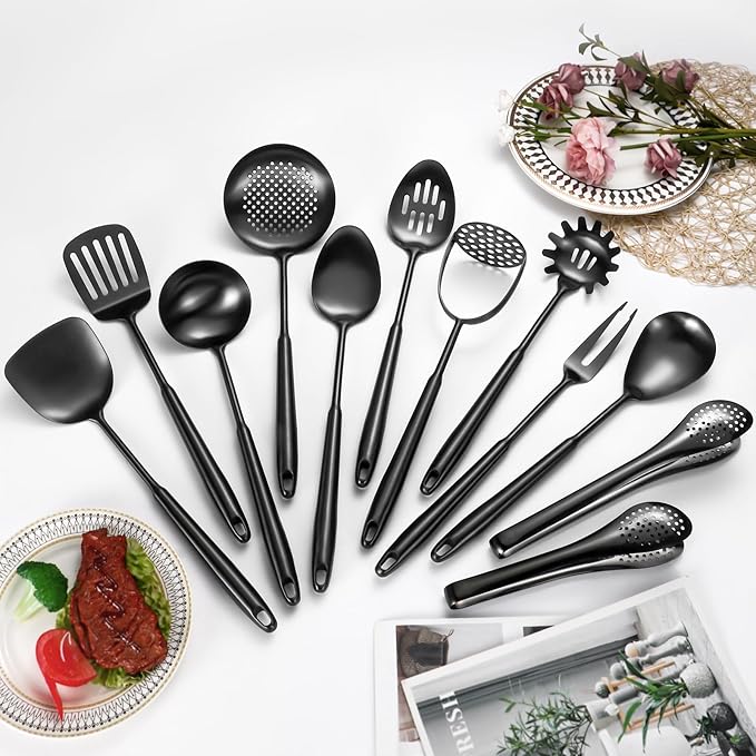 304 Stainlss Steel Matte Kitchen Utensils Set, 12 Pcs Long Metal Cooking Utensil Gadgets Tools Set with Spatula, Ladle, Spoon, Ladle, Skimmer, Tunner, Pasta Server, Tongs(Black, Dishwasher Safe)-CasaMuseHome