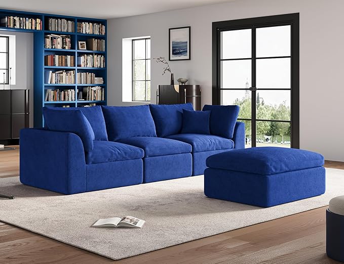 110" Cloud Sectional Couches for Living Room, Boneless L-Shape Couch with Ottoman, 3 Seater Modular Sectional Sofa, Blue-CasaMuseHome