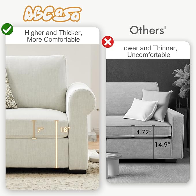 L Shaped Sectional Sofa with Ottoman,Rolled Armrest,Modern Sectional Modular Couch for Living Room,Breathable Linen Fabric Corner Couch with 7 Seats for Apartment,Removable Sofa Cushion,Ivory-CasaMuseHome
