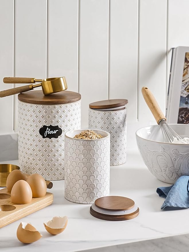 LE TAUCI Food Storage Containers with Airtight Lids, 78/25 oz Ceramic Sugar Canisters Sets, Embossed Large Jars for Pasta, Oats, Coffee Bean, Cookies, Rice, Grains, Tea - Set of 2, Fireworks-CasaMuseHome