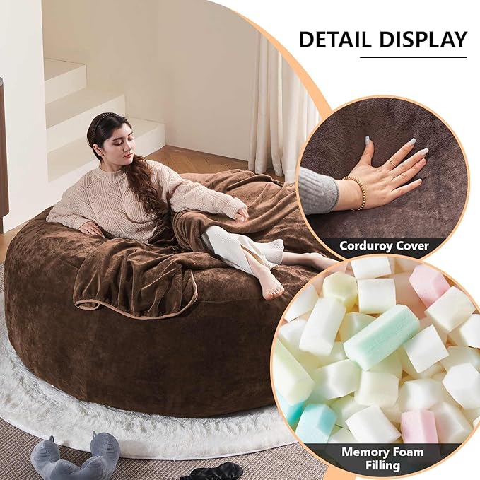 6FT,Oversized Bean Bag Chairs for Adults,Giant beanbag with Filler Included,Fluffy Memory Foam,Soft and Comfy Corduroy Fabric,Gaming Chairs Suitable for Living Room and Bedroom (Coffee Color, 6 Foot)-CasaMuseHome
