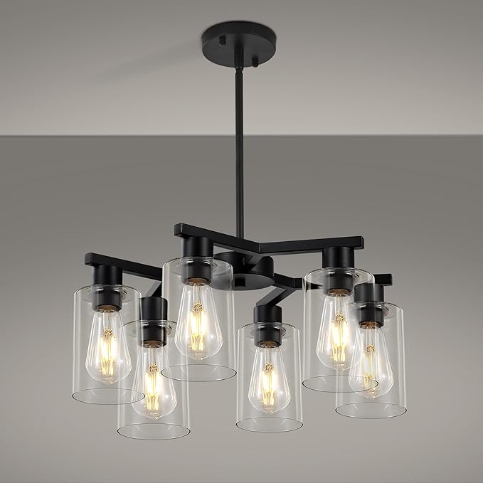6-Light Black Modern Farmhouse Chandelier for Dining Room Ceiling Light Fixture with Clear Glass Shades, Adjustable Hanging Industrial Pendant Lighting for Living Room Kitchen Island Bedroom Entryway-CasaMuseHome