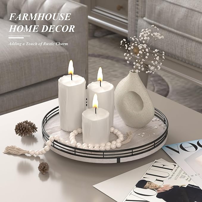 12" Farmhouse Lazy Susan for Kitchen & Coffee Table Decor β Rustic Wood Tray with Black Metal Frame, Decorative Centerpiece for Dining Room, Ottoman, Living Room, Serving or Vanity Use-CasaMuseHome