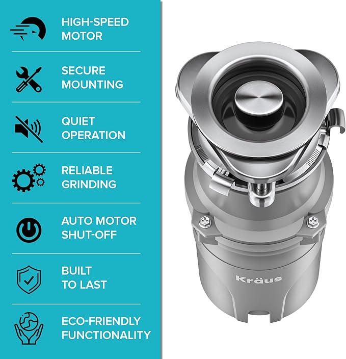 KRAUS® WasteGuard™ High-Speed 1/2 HP Continuous Feed Ultra-Quiet Motor Garbage Disposal with Power Cord and Flange Included and Universal Mount