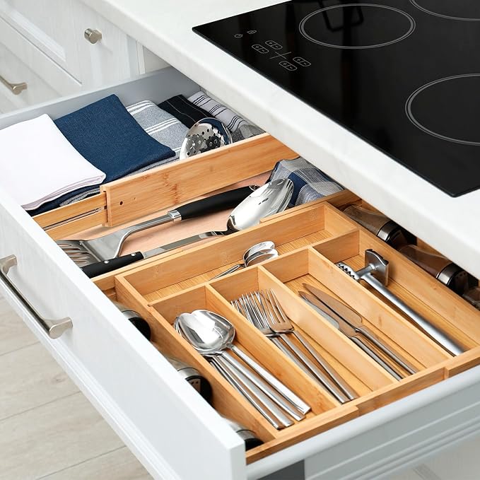 7 Pcs Adjustable Bamboo Drawer Dividers Expandable Drawer Organizers Cutlery Tray Spring Separators Organization for Kitchen Bedroom Bathroom Dresser Office-CasaMuseHome