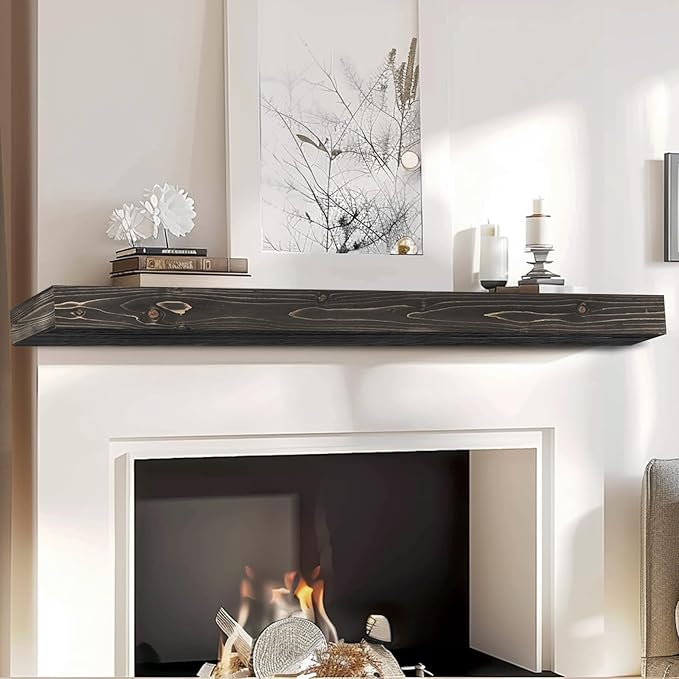 72x8x3 Fireplace Mantel - Handcrafted Hollow Rustic Solid Wood Wall Mounted Floating Shelf with Invisible Heavy Duty Wood Bracket (Weathered Black)-CasaMuseHome