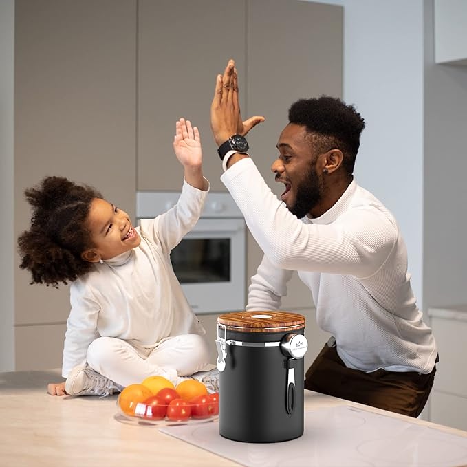 35OZ Coffee Canister for ground coffee with Date Tracker,Wood grain lid 304 Stainless Steel Kitchen Food Airtight storage container for Coffee Beans or Grounds, Tea, Sugar(35oz-grain)-CasaMuseHome