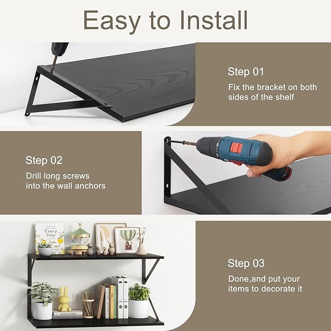 12 Inch Deep Floating Shelves, Black Floating Shelves 48W x 12D, Deep Wall Shelves Bracket Set of 2, Large Display Hanging Floating Shelf for Bathroom, Living Room, Wide Storage Wooden Wall Shelf-CasaMuseHome