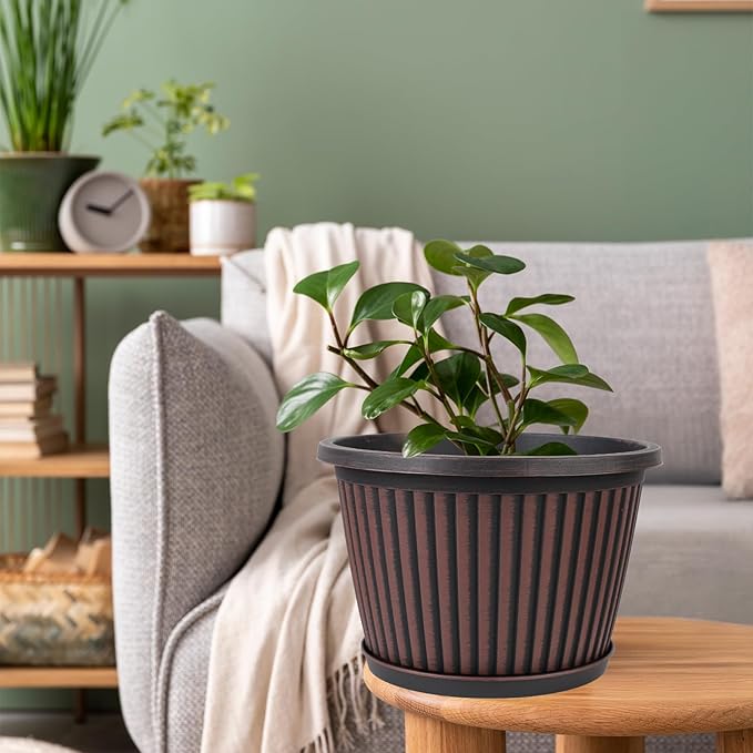 10 Inch Planter-Pots-for-Plants-Indoor-Outdoor, 4 Pack Plastic Flower Pots with Saucer & Drainage Holes, Modern Decorative Resin Garden Pots-CasaMuseHome