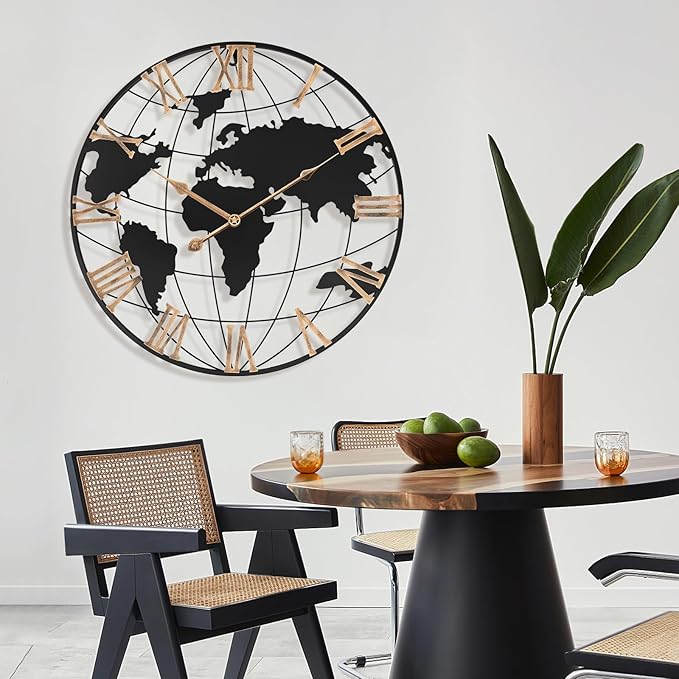 20 Inch Large Wall Clock for Living Room Decor,Big Modern Decorative Silent World Map Metal Wall Clock with Vintage Gold Roman Numeral for Office,Living Room,Kitchen,Dining Room-CasaMuseHome