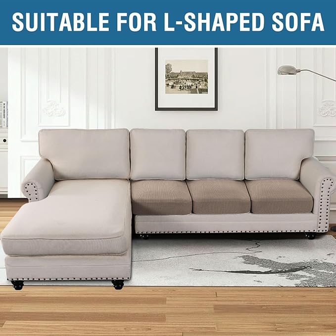 H.VERSAILTEX Super Stretch Individual Seat Cushion/Couch Slipcover Sets Thick Jacquard Textured Twill Fabric (3 Piece Sofa Covers, Sand)-CasaMuseHome