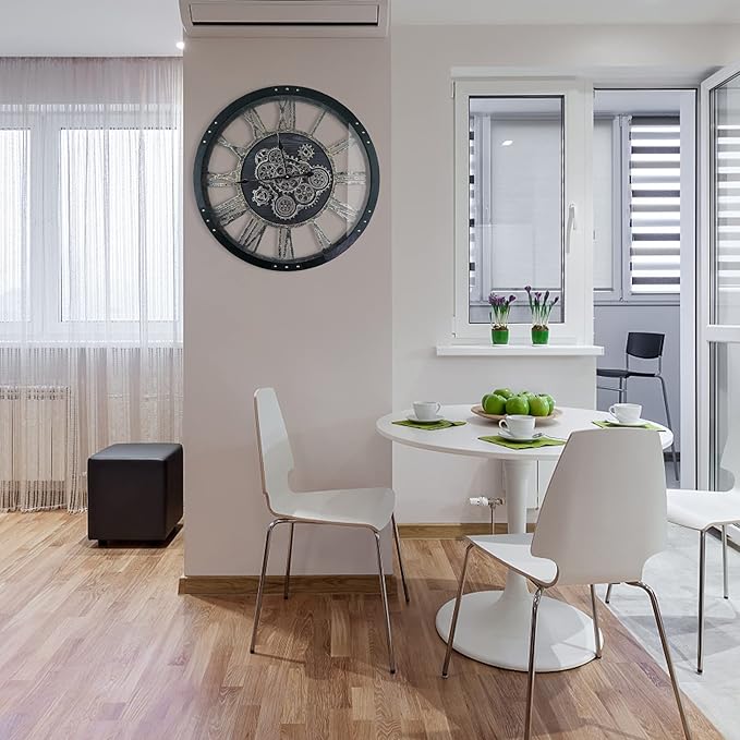 27 Inch Moving Gear Wall Clock, Oversized Wall Clocks, Clock Living Room Decor, Solid Wood Frame, Battery Operated, Large Wall Clock with Steampunk Industrial for Fireplace(Black)-CasaMuseHome