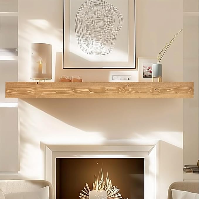 72x8x3 Fireplace Mantel - Handcrafted Hollow Rustic Solid Wood Wall Mounted Floating Shelf with Invisible Heavy Duty Wood Bracket (Natural Wood)-CasaMuseHome