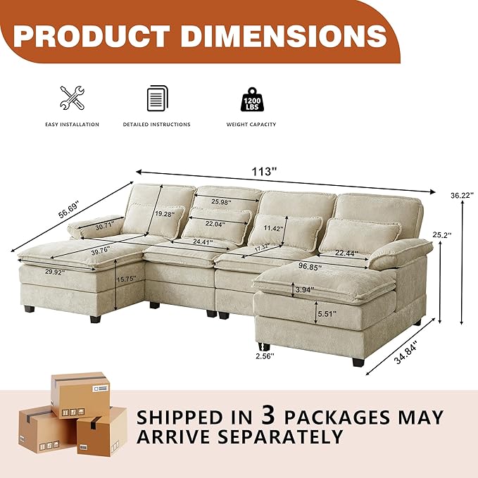 113" Oversized Cloud Couch, U Shape Sectional 4 Seat Sofa with Double Chaises, 2 Layer Cusions, Deep Seat Comfy Sofa, Upholstery Chenille Fabric for Living Room, Beige-CasaMuseHome