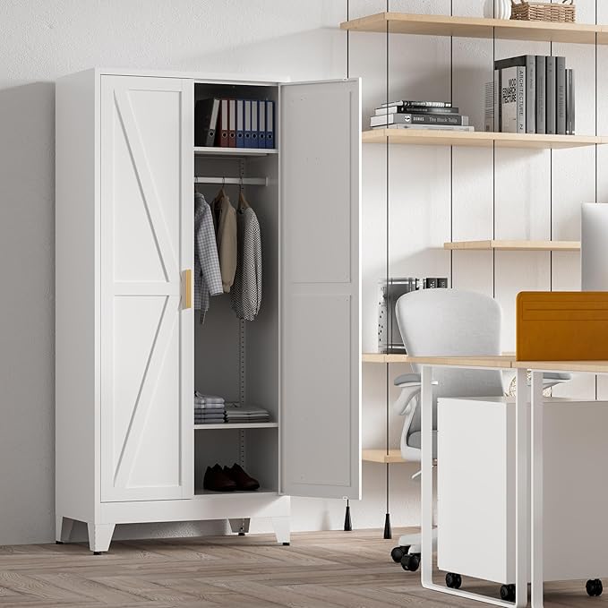 71'' Farmhouse Metal Wardrobe Cabinet with Hanging Rod, 2 Barn Door Wardrobe Closet with 2 Adjustable Shelves,for Dining Room,Bedroom,Living Room, Cloak Room,Office (White)-CasaMuseHome