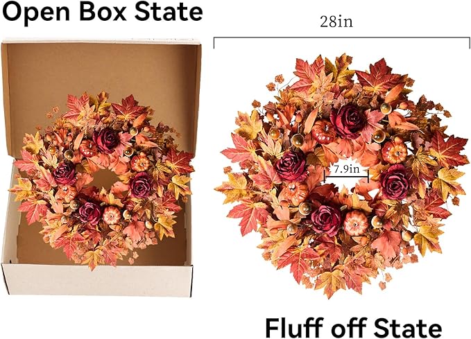 26'' Large Fall Wreath for Front Door, Autumn Wreaths for Outdoor Home Decor - Farmhouse Wreath with Maple Leaves, Pumpkins, Roses, Thanksgiving Decoration, Rustic Harvest Festival Door Hanging-CasaMuseHome
