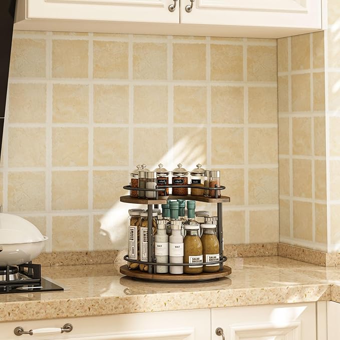 2 Tier Lazy Susan Organizer,2-Tier Spinning Spice Rack with Stable Carousel Base & 4 Height Settings for Cupboard Kitchen Countertop Dining Table Cupboard (Round)-CasaMuseHome