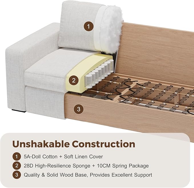 112" Modular Sectional Sofa, Large 7 Seater L Shaped Couch with Detachable Sofa Cover, Movable Ottoman, Deep Seat Corner Couch for Living Room, Apartment - Linen Fabric, Ivory-CasaMuseHome