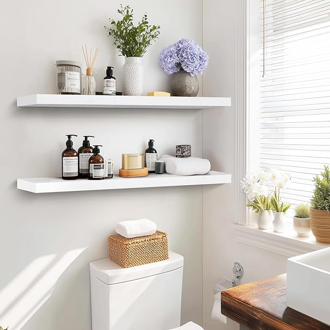 36"x6.8"x1.2" Solid Wood Floating Shelves 2-Pack - Rustic White Finish with Hidden Brackets, Perfect for Storage and Décor in Living Room, Kitchen, Bedroom-CasaMuseHome