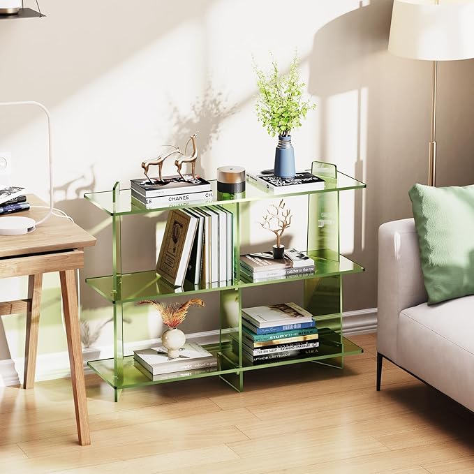 Acrylic Bookshelf, Small 3 Tier Open Bookcase for Small Spaces,Sofa Table, Hallway Entry Table for Home Living Room (Green, 39.4'' x 11.8'' x 31.5'')-CasaMuseHome