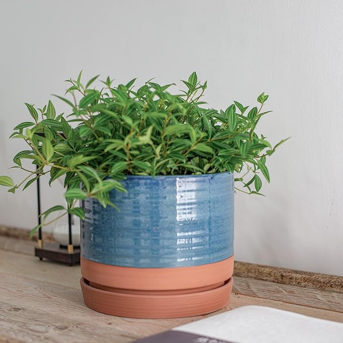 8 Inch Pots for Plants, Ceramic Planter Pot with Drainage Hole & Saucer, Indoor/Outdoor Cylinder Round Planter Pot, Blue & Terracotta-CasaMuseHome