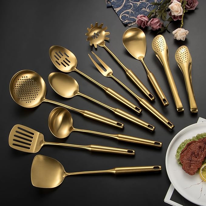 304 Stainlss Steel Matte Kitchen Utensils Set, 11 Pcs Long Metal Cooking Utensil Gadgets Tools Set with Spatula, Spoon, Ladle, Skimmer, Tunner, Pasta Server, Tongs(Gold, Dishwasher Safe)-CasaMuseHome