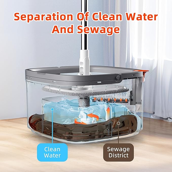 KZKR Spin Mop and Bucket Set with Self Separation Dirty and Clean Water System, Self Wringing 360° Rotating Square Mop Head for Home Floors Cleaning (1.0 Mop and Bucket Set (10 Pads))